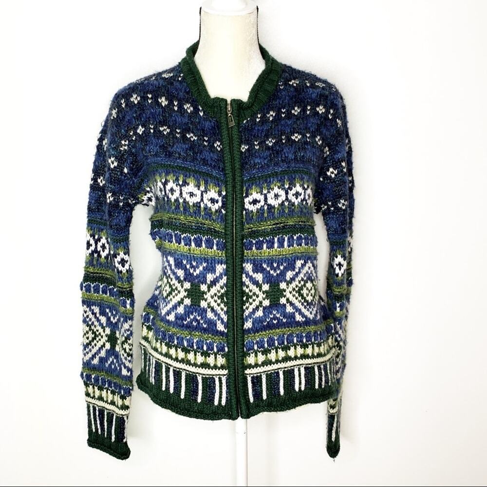 Tangents Blue Green Full Zip Wool Blend Sweater M